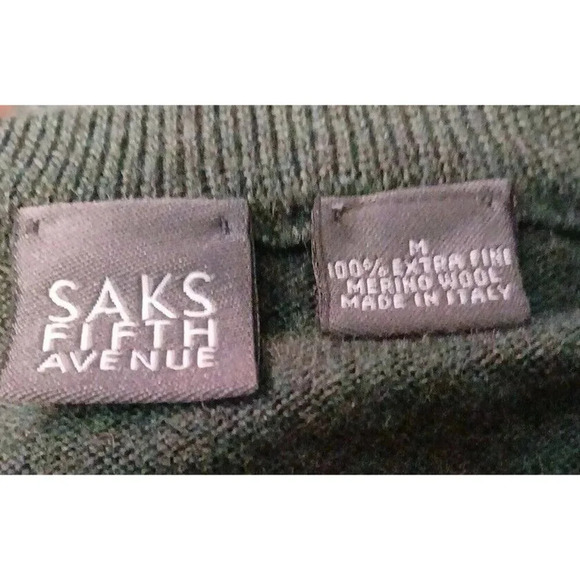 Saks Fifth Avenue 100% Extra Fine Merino Wool Mens Sweater Argyle Green M V neck - Picture 7 of 11